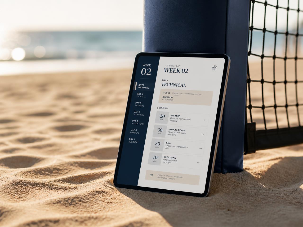 Tablet apoiado na rede de beach tennis exibindo o plano de treino na areia